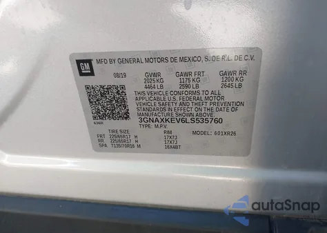 2020 Chevrolet Equinox Fwd Lt 1.5L Turbo из США, поврежденный, VIN 3GNAXKEV6LS535760